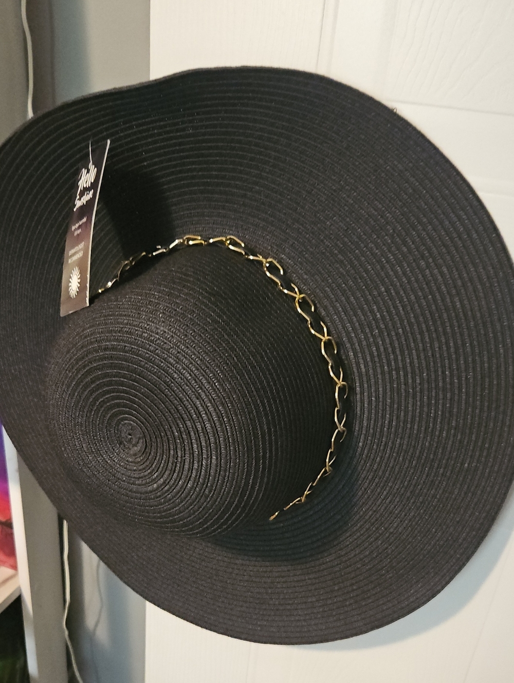 Black Wide-Brim Sun Hat with Gold Chain Accent